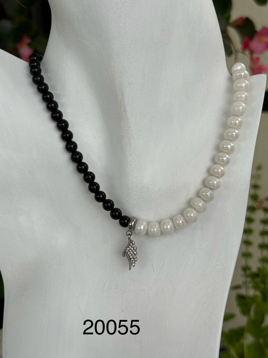 Onyx and moon stone with stainless pendant, sterling silver .925 necklace  17” or 45 cm