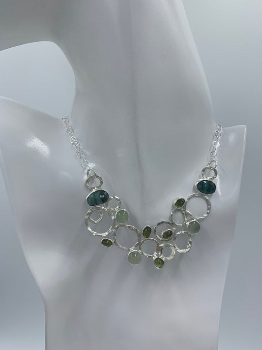 Esmeralda, aqua chalcedony, and peridot sterling silver .925 necklace  18” or 45cm
