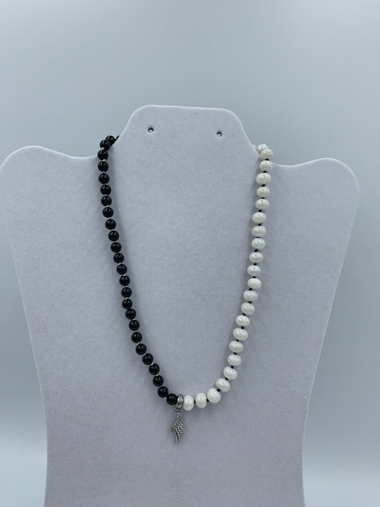 Onyx and moon stone with stainless pendant, sterling silver .925 necklace  17” or 45 cm