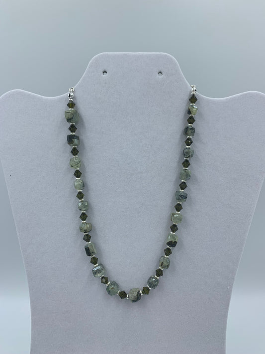 Rutilated stone with dark olive crystal sterling silver .925 necklace  17” or 45cm