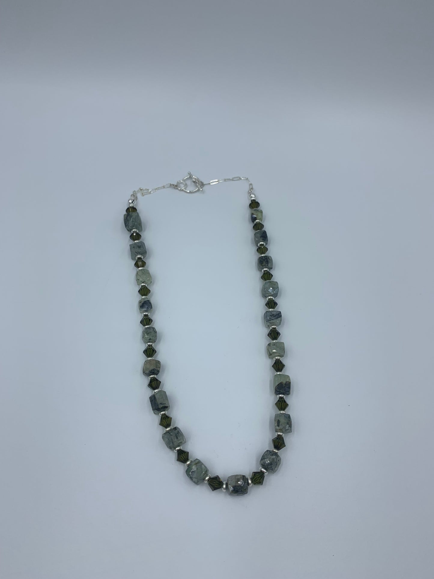 Rutilated stone with dark olive crystal sterling silver .925 necklace  17” or 45cm